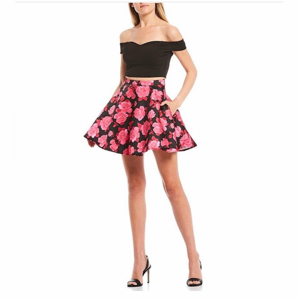 B. Darlin Off-The-Shoulder Top with Floral Print Skirt Two-Piece Dress